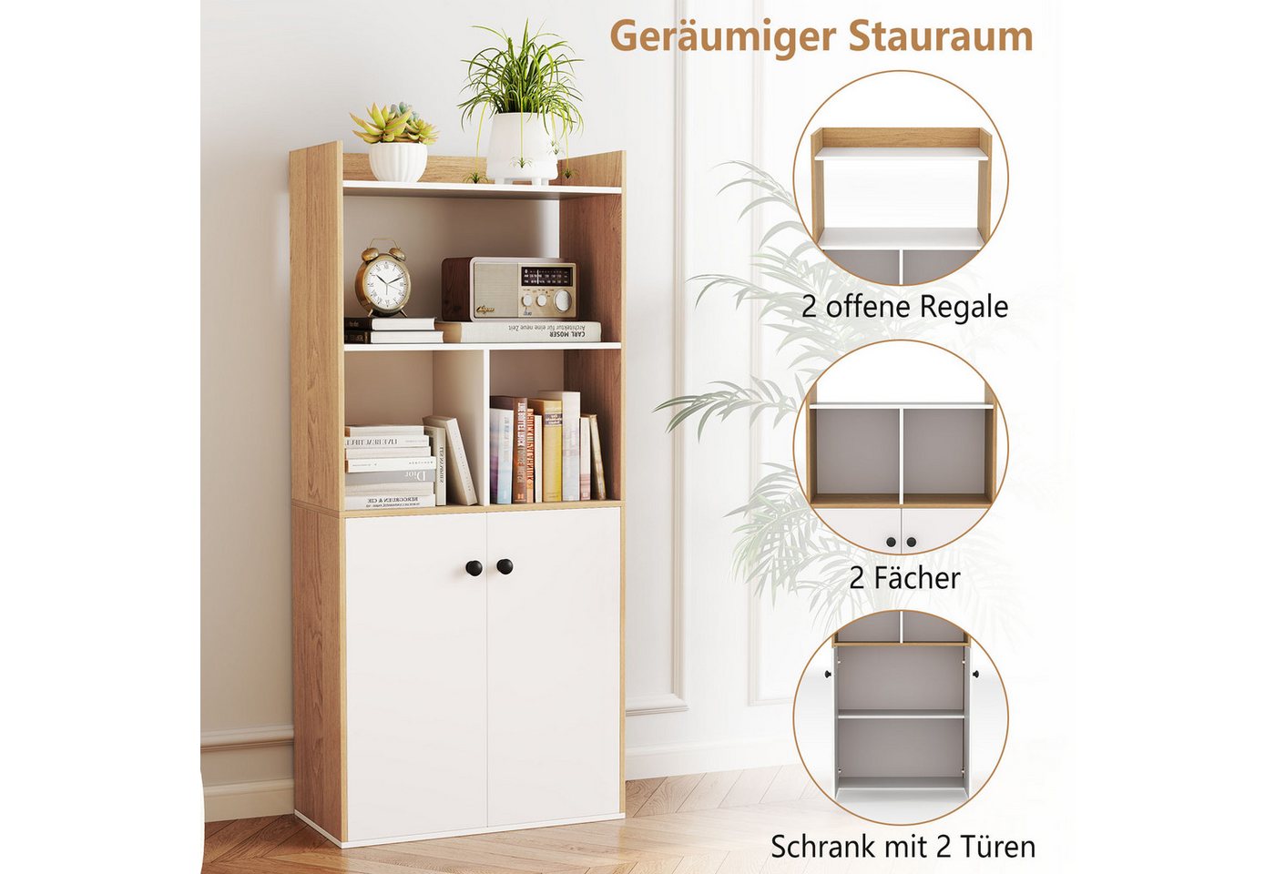 COSTWAY Bücherregal, mit Doppeltürschrank & Regal, Holz, 60x30x140cm – Bild 4 von 5