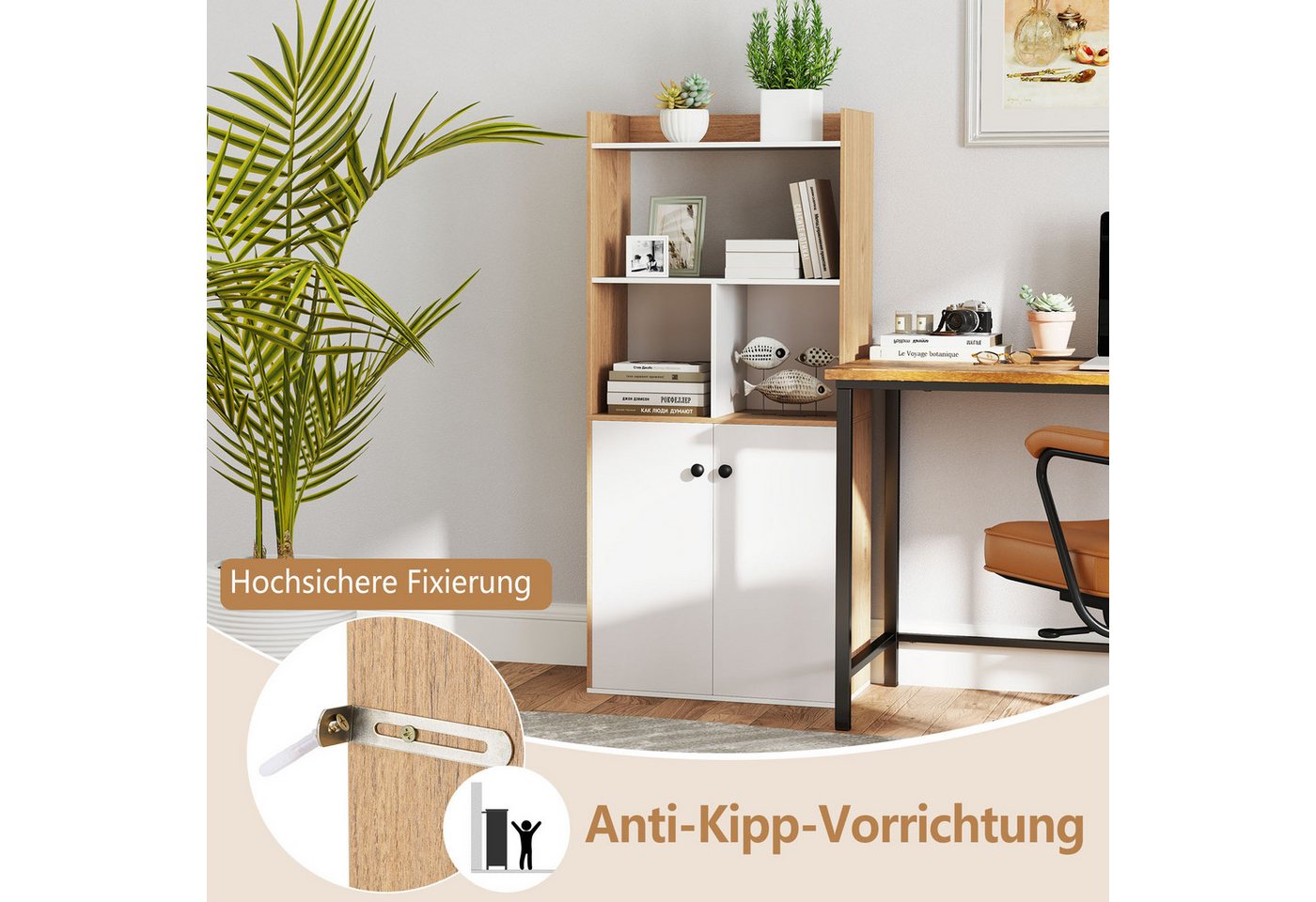 COSTWAY Bücherregal, mit Doppeltürschrank & Regal, Holz, 60x30x140cm – Bild 5 von 5