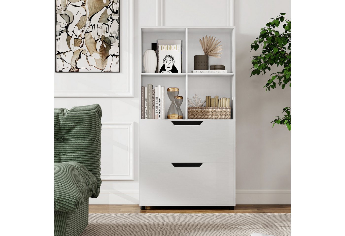 COSTWAY Bücherregal, mit 4-Würfeln & 2 Schubladen Würfelregal Holz – Bild 2 von 5