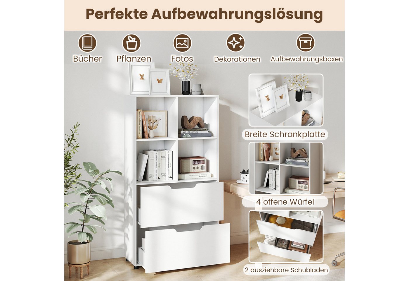 COSTWAY Bücherregal, mit 4-Würfeln & 2 Schubladen Würfelregal Holz – Bild 3 von 5