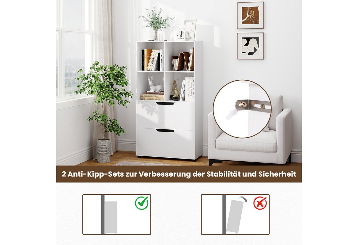 COSTWAY Bücherregal, mit 4-Würfeln & 2 Schubladen Würfelregal Holz – Bild 4 von 5