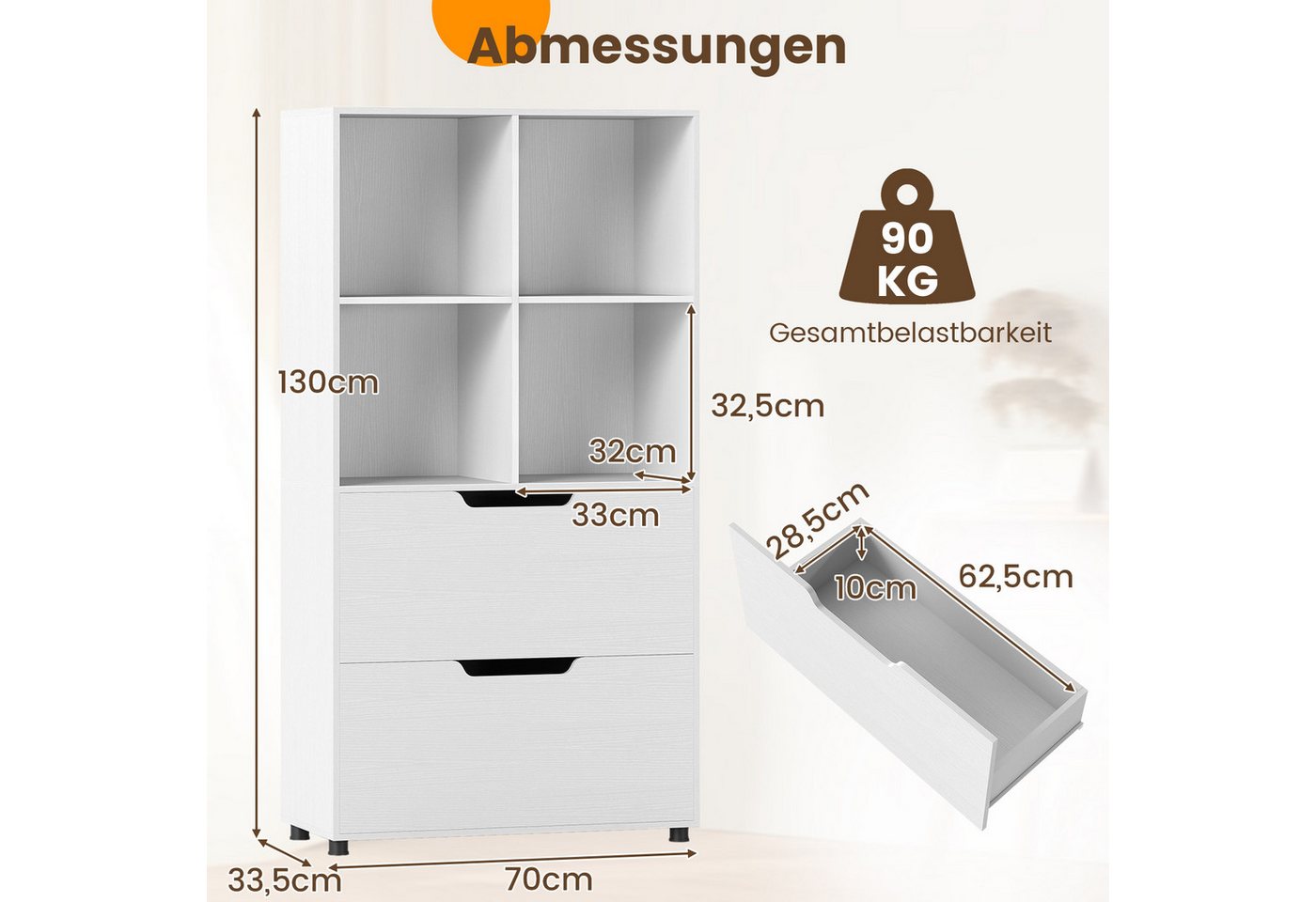 COSTWAY Bücherregal, mit 4-Würfeln & 2 Schubladen Würfelregal Holz – Bild 5 von 5