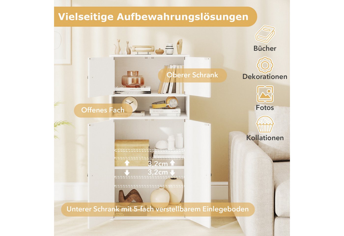 COSTWAY Bücherregal, Freistehender Vitrinenschrank mit 2 Anti-Kipp-Sicherungen – Bild 3 von 5