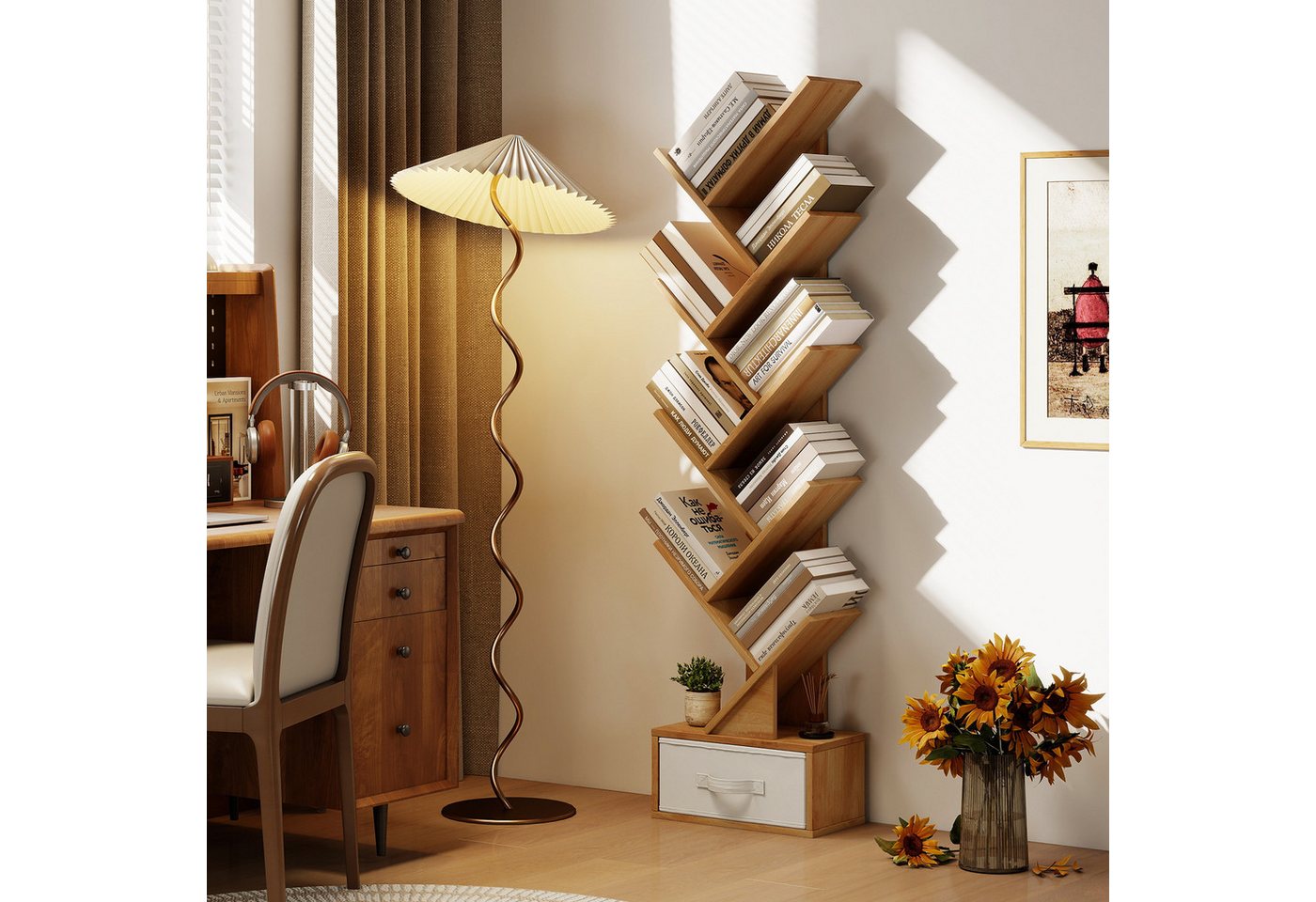COSTWAY Bücherregal, 8-stöckig, mit Schublade, Baumform, 38x21,5x149,5cm – Bild 2 von 5