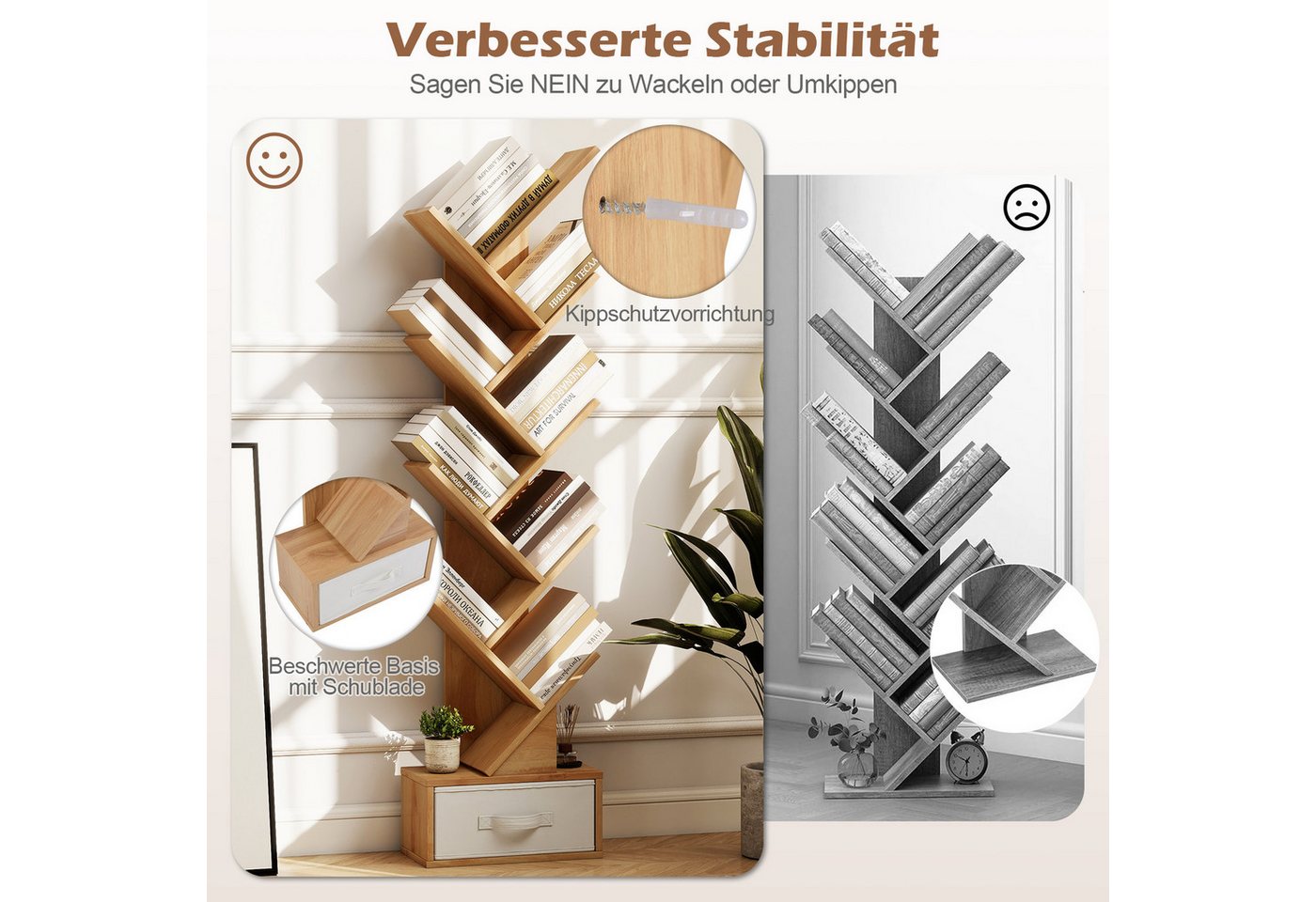COSTWAY Bücherregal, 8-stöckig, mit Schublade, Baumform, 38x21,5x149,5cm – Bild 3 von 5