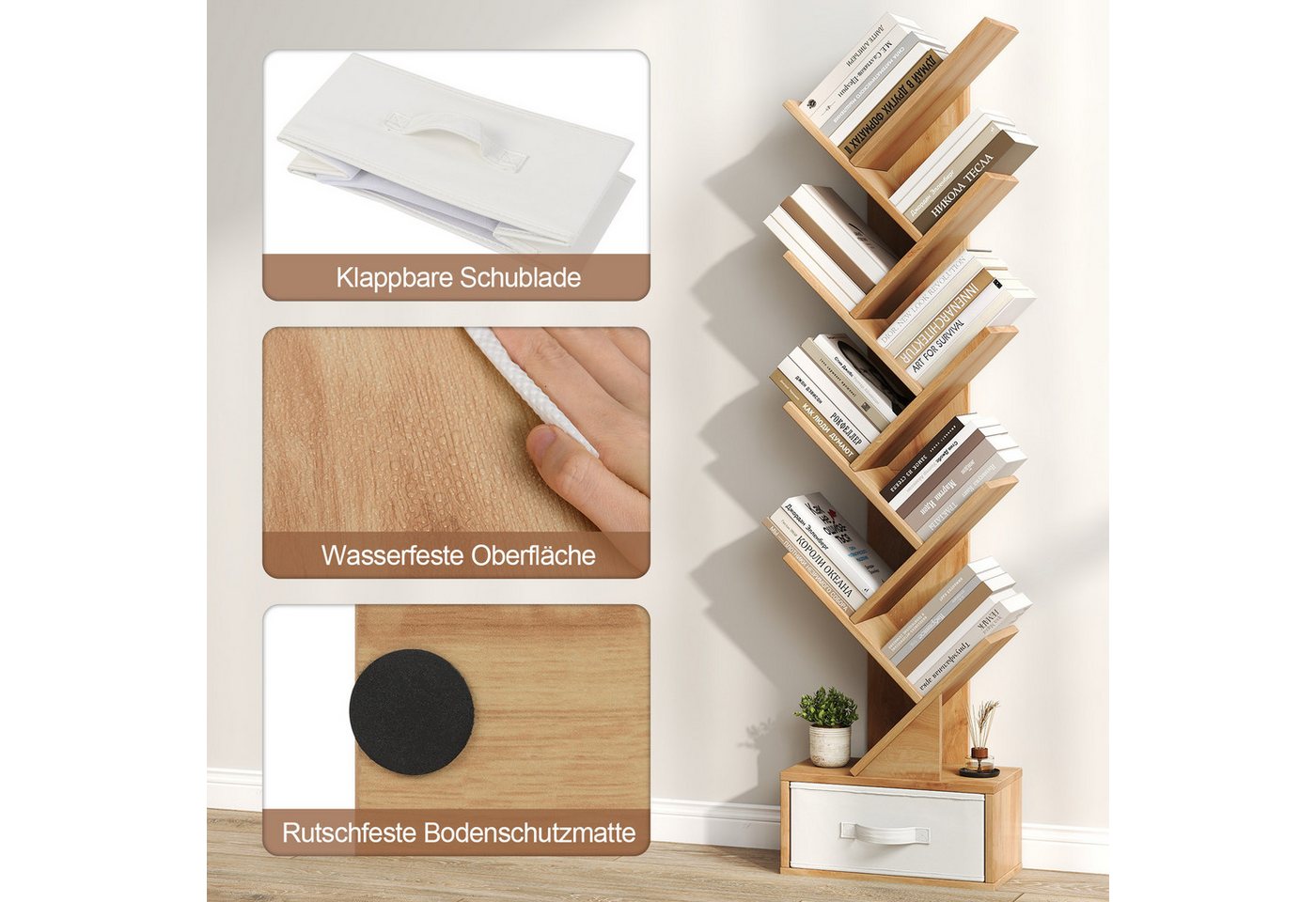 COSTWAY Bücherregal, 8-stöckig, mit Schublade, Baumform, 38x21,5x149,5cm – Bild 4 von 5