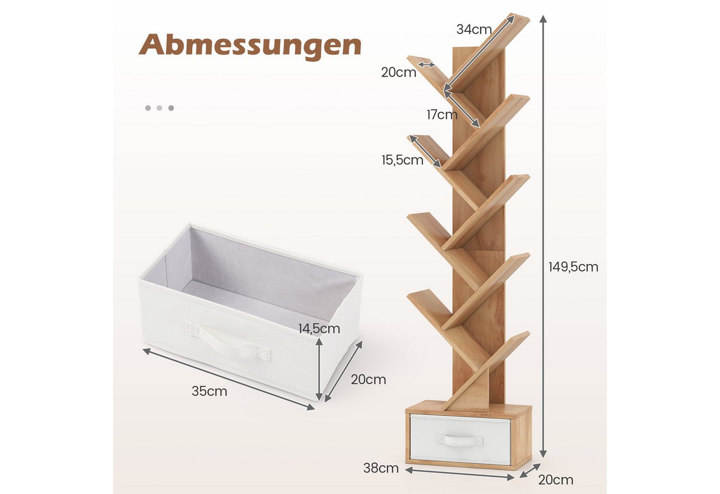 COSTWAY Bücherregal, 8-stöckig, mit Schublade, Baumform, 38x21,5x149,5cm – Bild 5 von 5