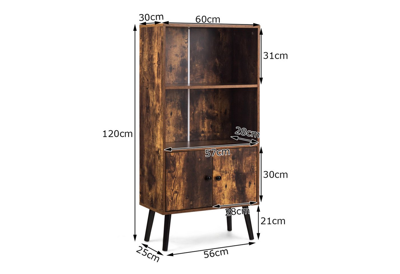 COSTWAY Bücherregal Bücherschrank, mit Türen, 3 Fächern, Holz 60x30x120cm – Bild 5 von 5
