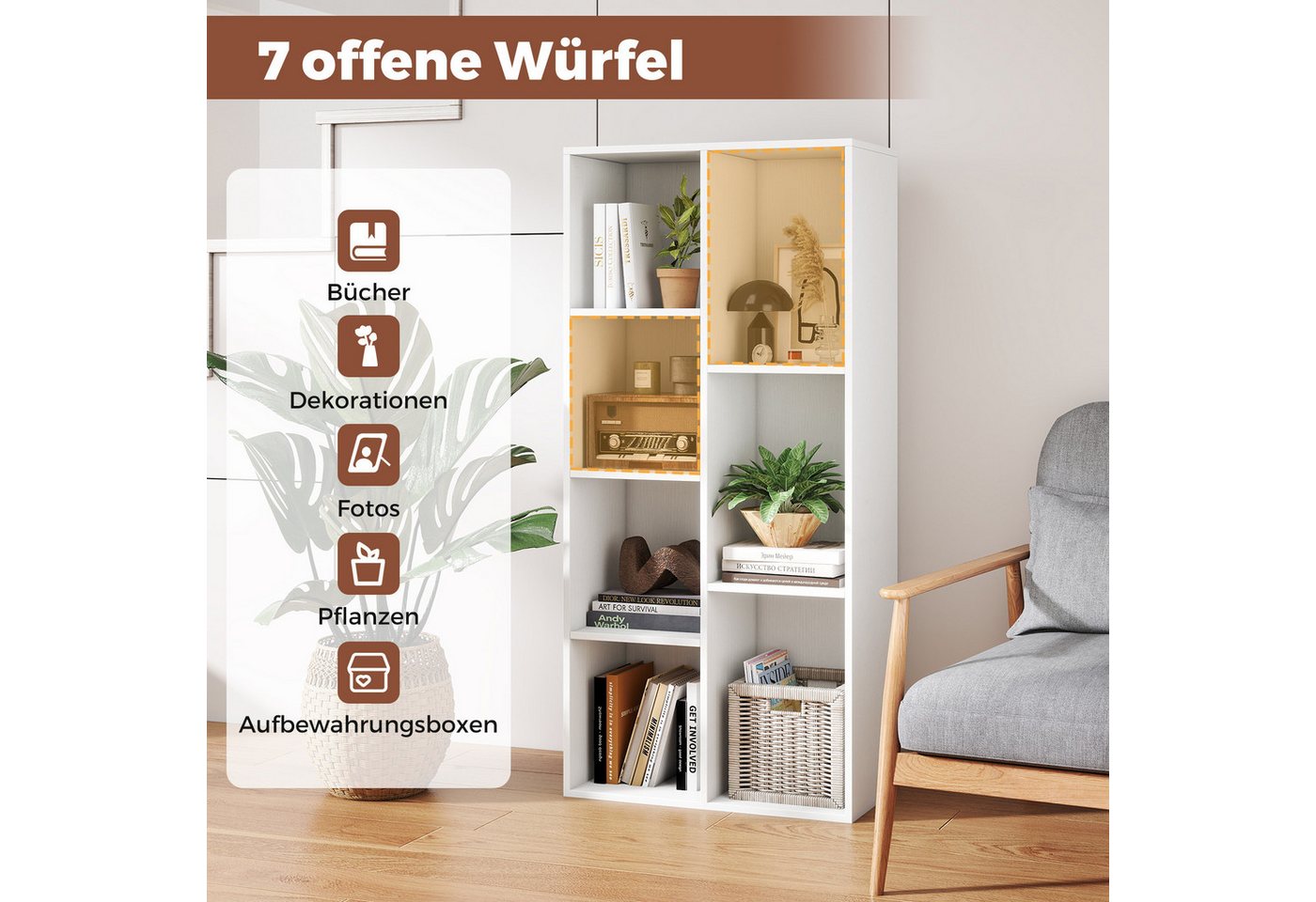 COSTWAY Bücherregal, 7-Würfel-Würfelregal mit 7 Fächern, 2 Kippschutz-Sets – Bild 4 von 5