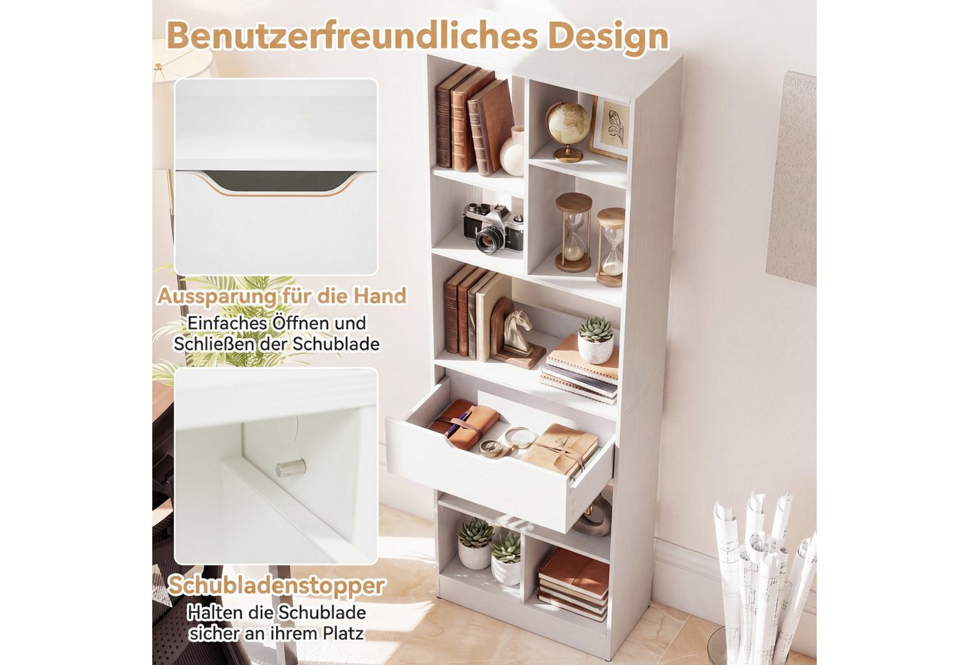 COSTWAY Bücherregal mit 8 Fächern & Schublade, Bücherschrank, Aus Holz, offenes Standregal mit Kippschutz – Bild 3 von 5