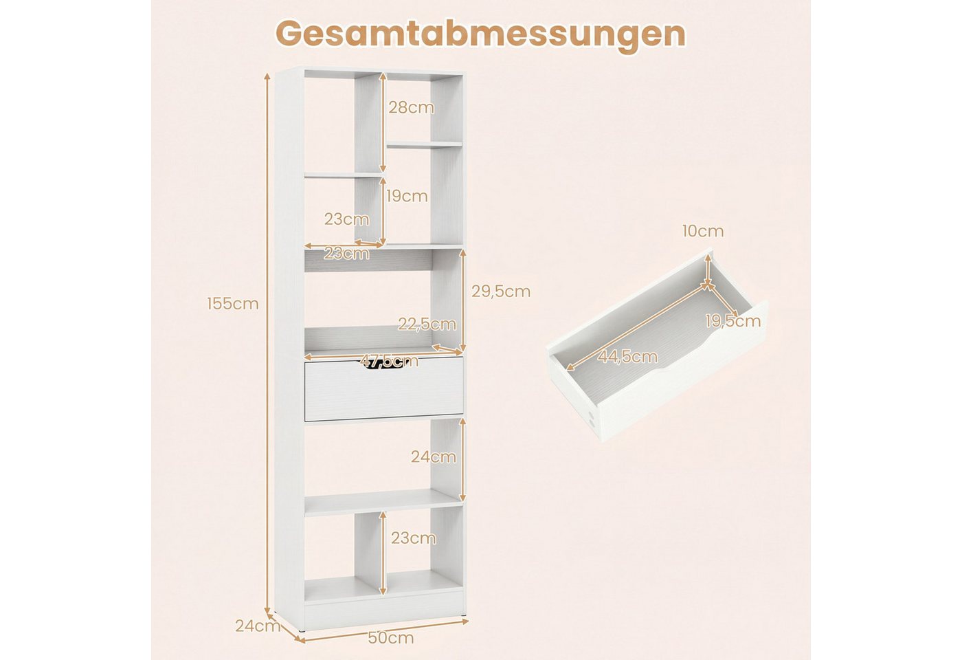 COSTWAY Bücherregal mit 8 Fächern & Schublade, Bücherschrank, Aus Holz, offenes Standregal mit Kippschutz – Bild 5 von 5