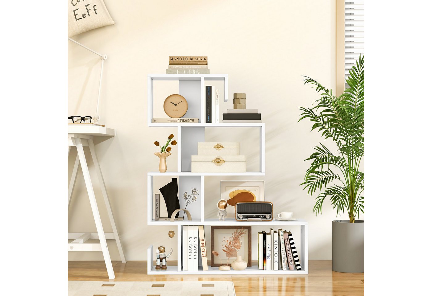 COSTWAY Bücherregal stehend, S-förmig, mit offenen Fächern, Holz weiß – Bild 2 von 5