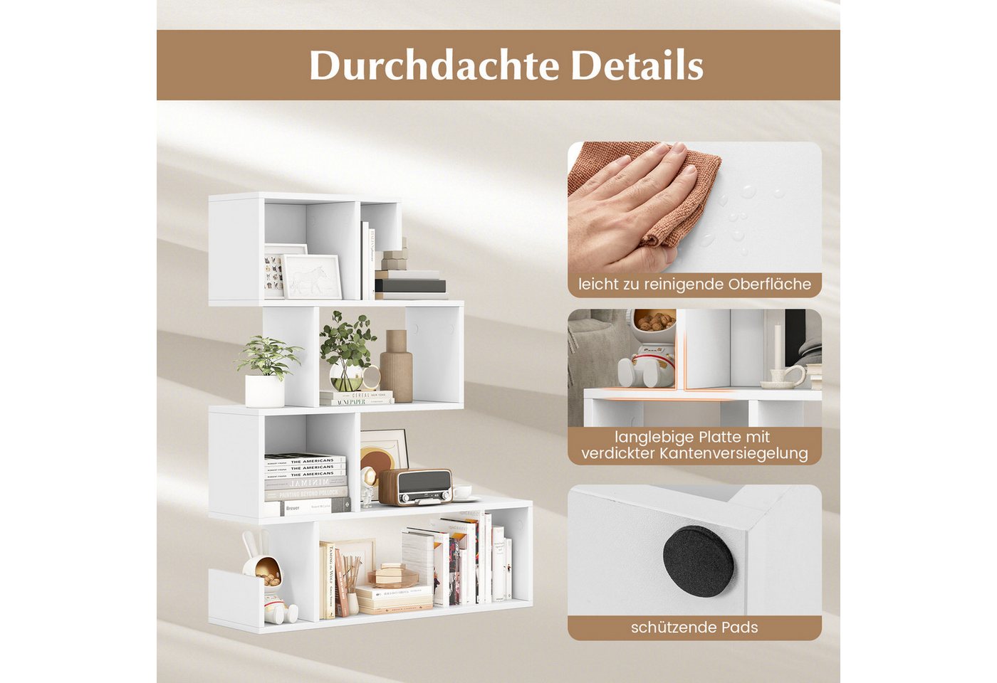 COSTWAY Bücherregal stehend, S-förmig, mit offenen Fächern, Holz weiß – Bild 4 von 5