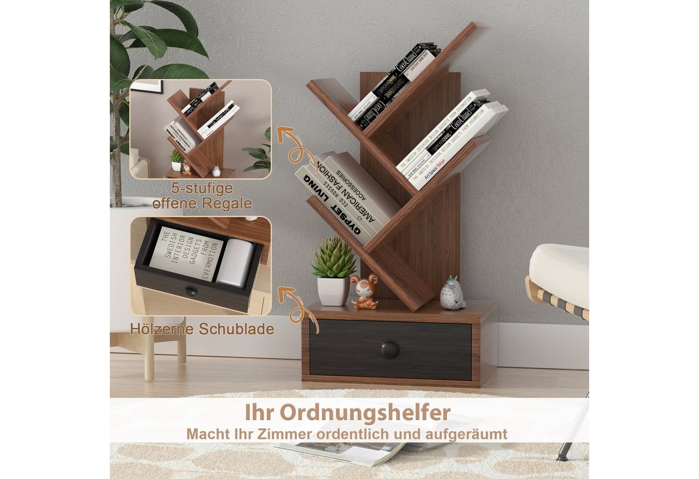 COSTWAY Bücherregal, stehend, in Baumform, mit Schublade, Holz, 30x17,5x60cm – Bild 2 von 5