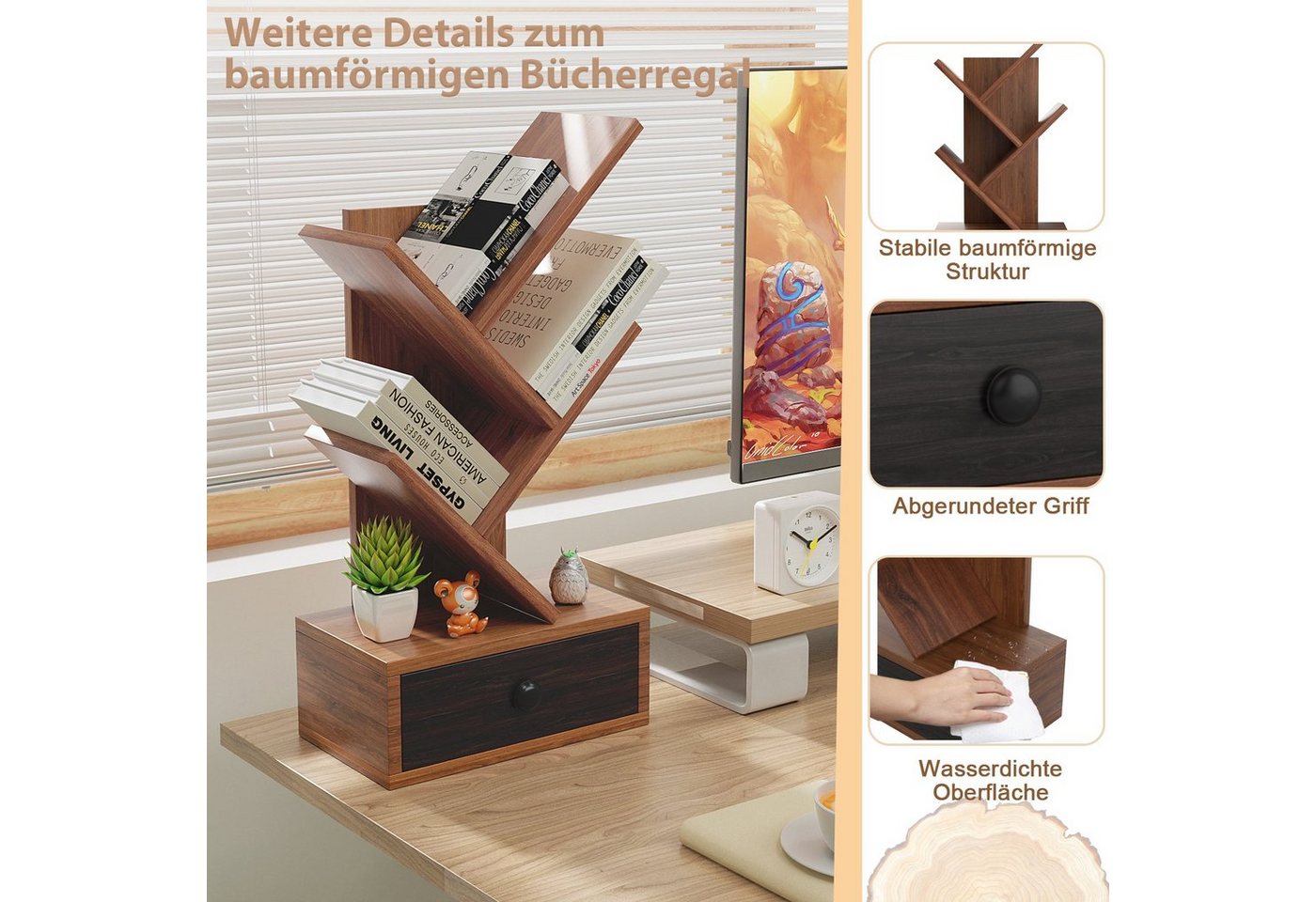 COSTWAY Bücherregal, stehend, in Baumform, mit Schublade, Holz, 30x17,5x60cm – Bild 3 von 5