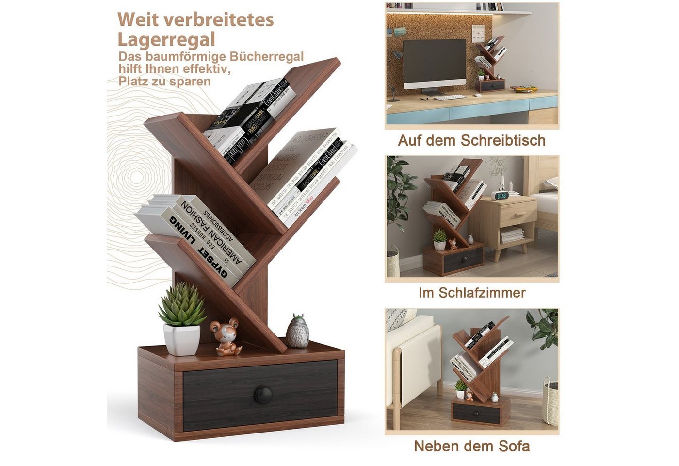 COSTWAY Bücherregal, stehend, in Baumform, mit Schublade, Holz, 30x17,5x60cm – Bild 4 von 5