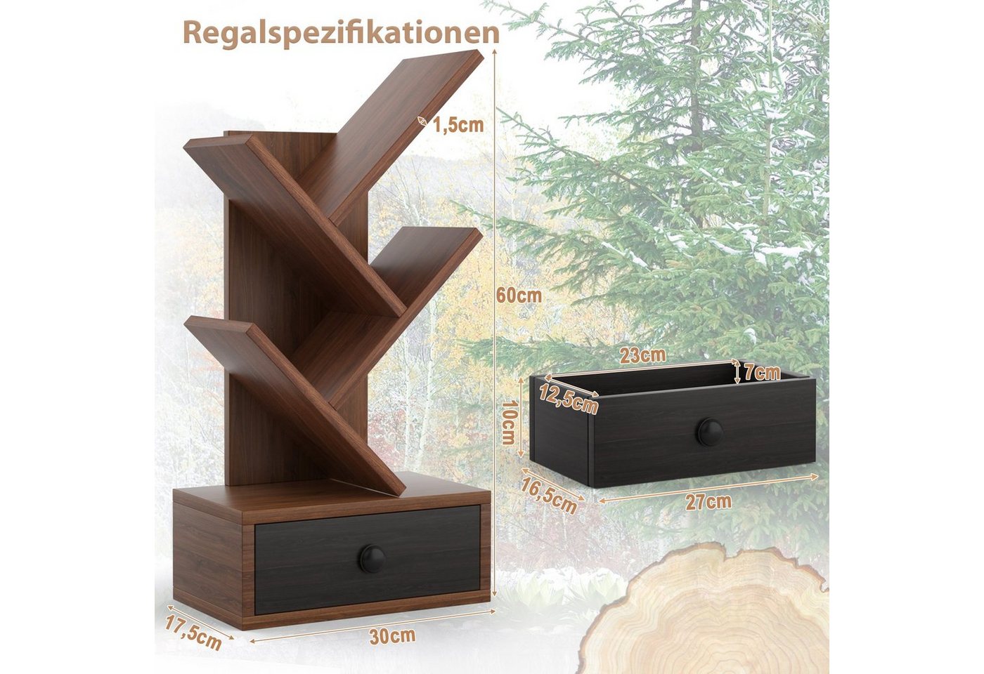 COSTWAY Bücherregal, stehend, in Baumform, mit Schublade, Holz, 30x17,5x60cm – Bild 5 von 5