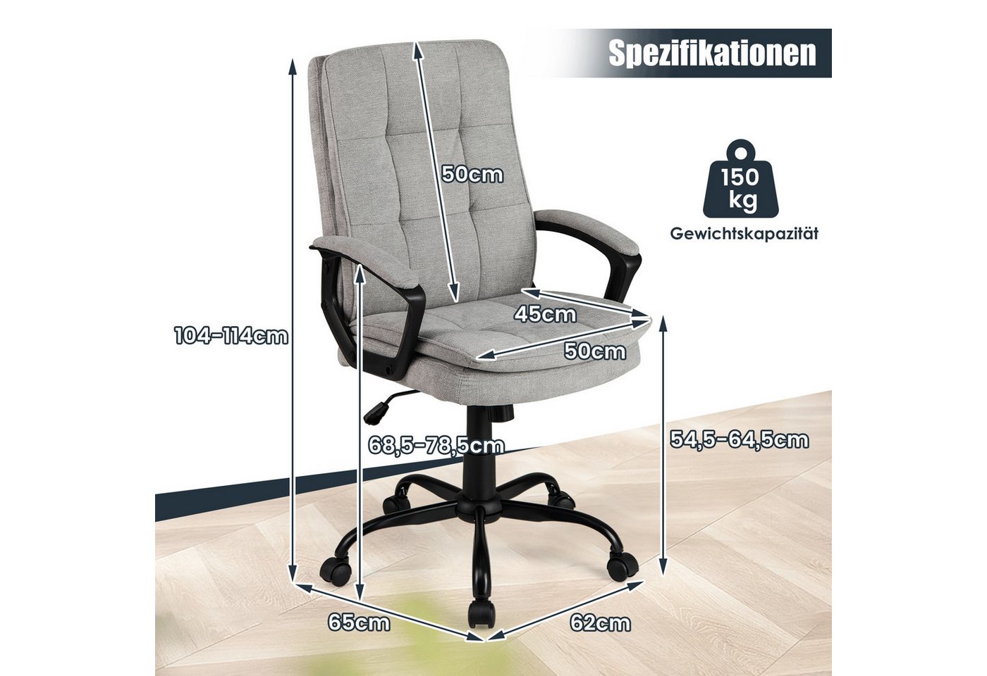 COSTWAY Bürostuhl, Drehstuhl höhenverstellbar mit Armlehnen & Rollen – Bild 3 von 5
