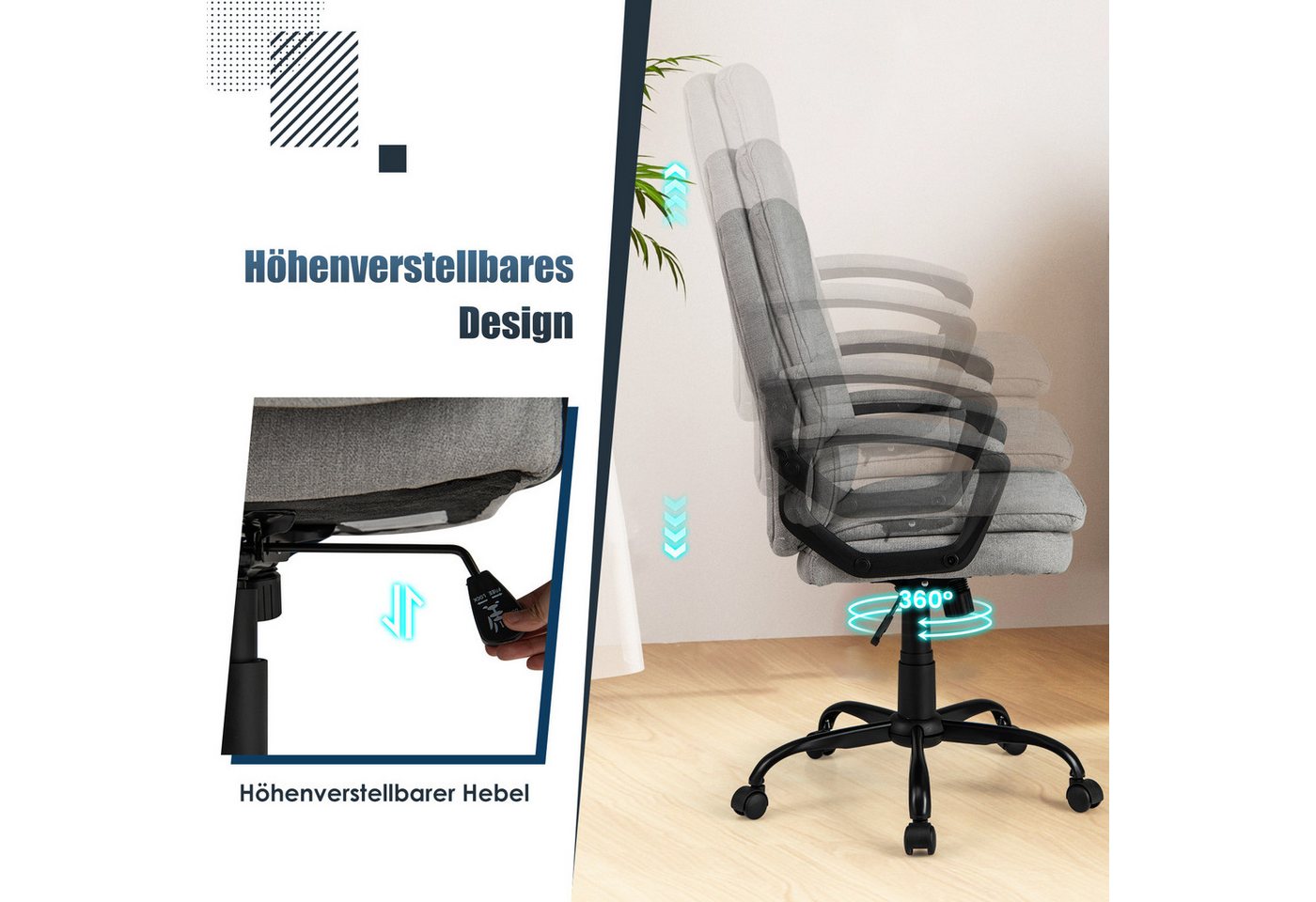 COSTWAY Bürostuhl, Drehstuhl höhenverstellbar mit Armlehnen & Rollen – Bild 4 von 5