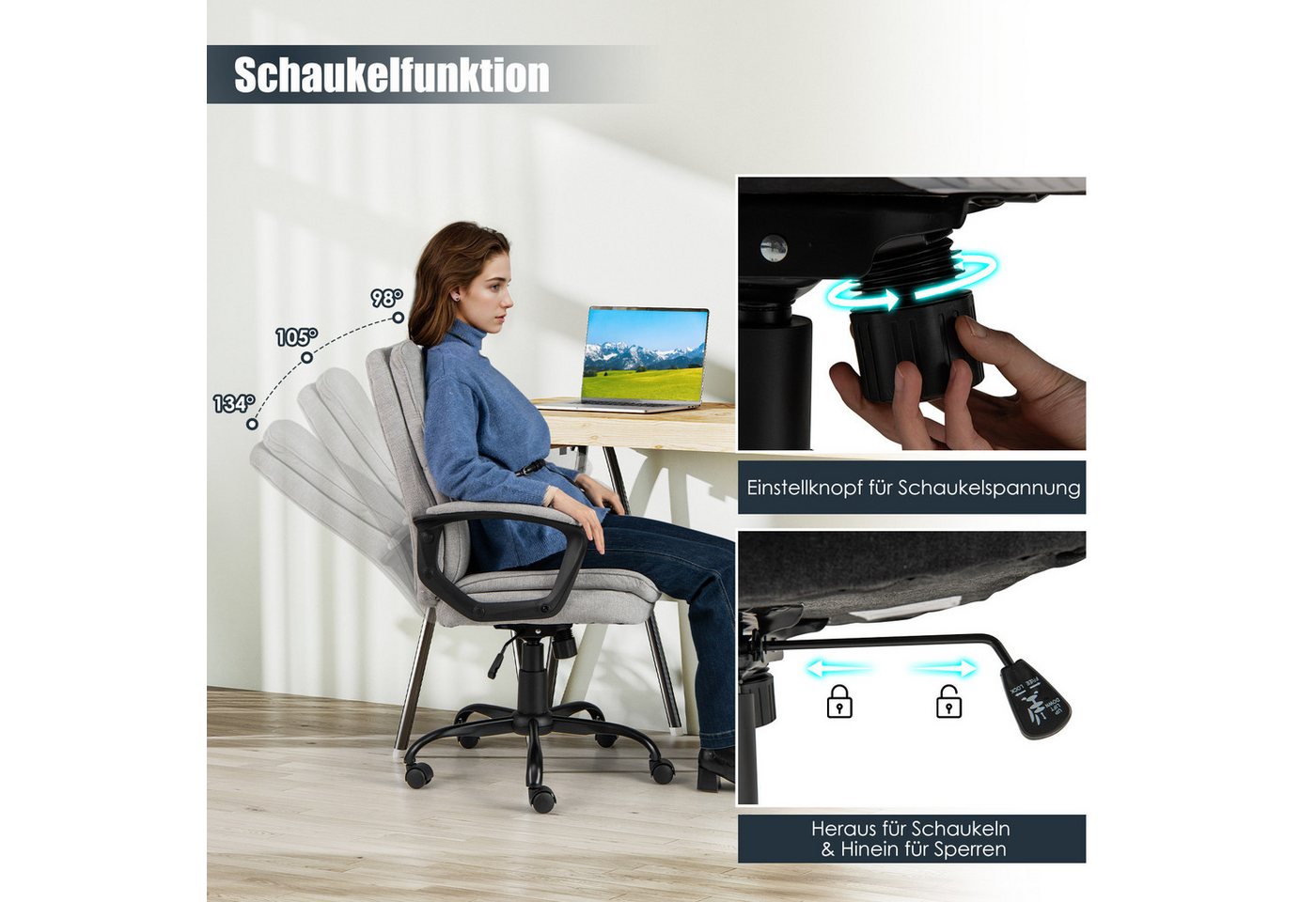 COSTWAY Bürostuhl, Drehstuhl höhenverstellbar mit Armlehnen & Rollen – Bild 5 von 5