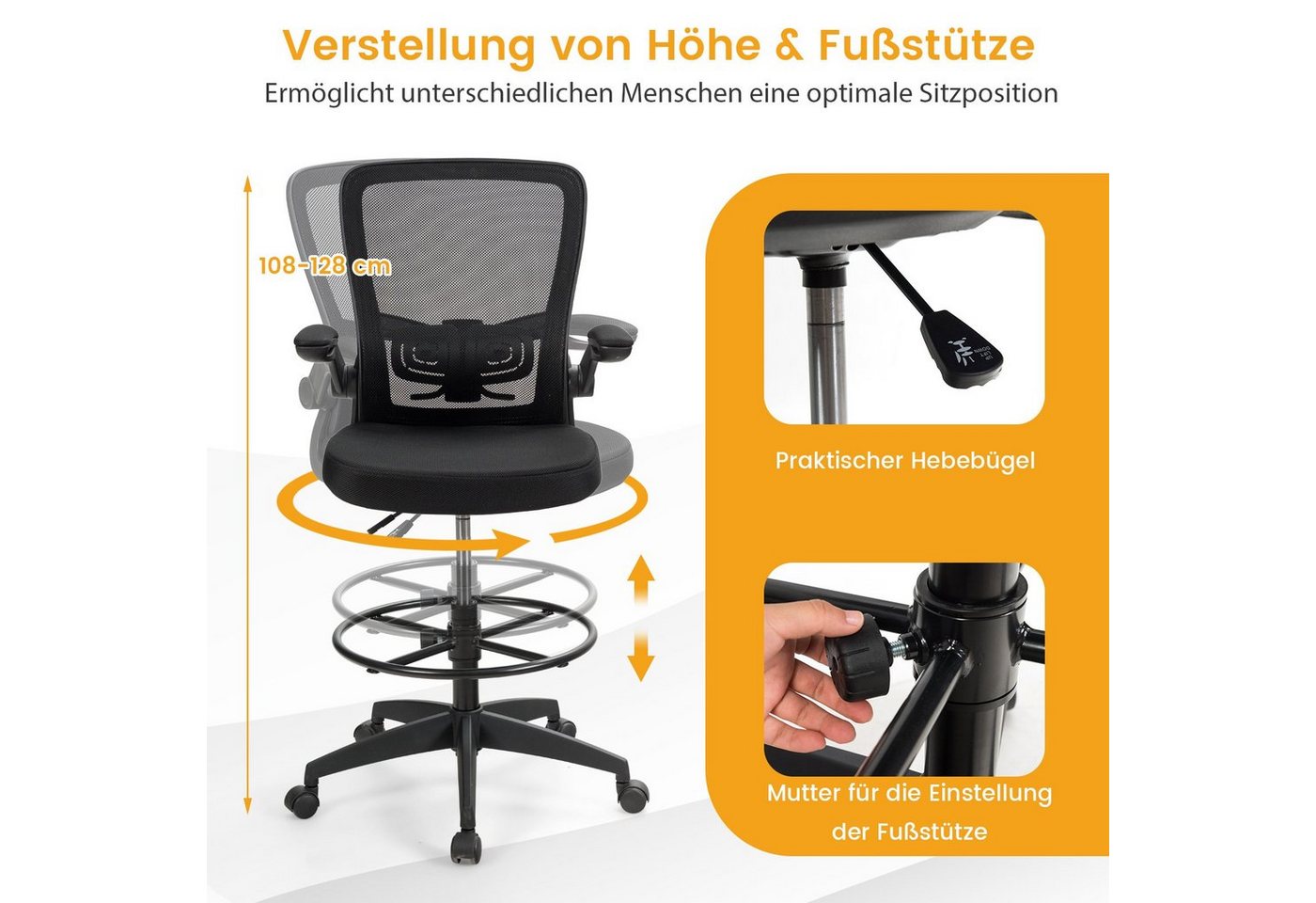 COSTWAY Bürostuhl, Sitzhöhe 55-75cm verstellbar, bis 120kg, 360° drehbar – Bild 4 von 5