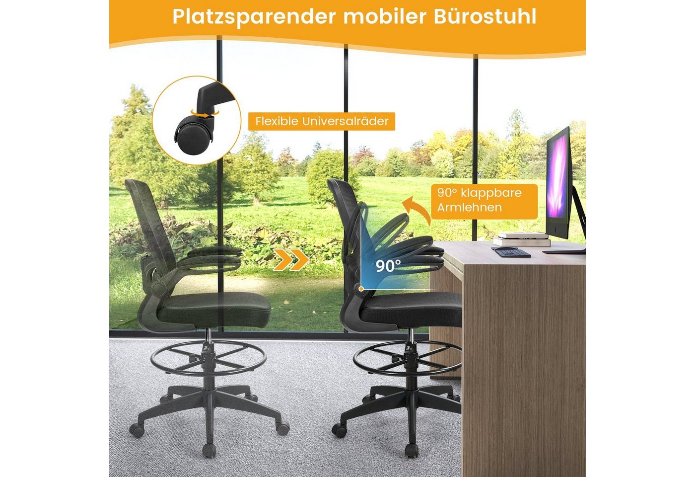 COSTWAY Bürostuhl, Sitzhöhe 55-75cm verstellbar, bis 120kg, 360° drehbar – Bild 5 von 5