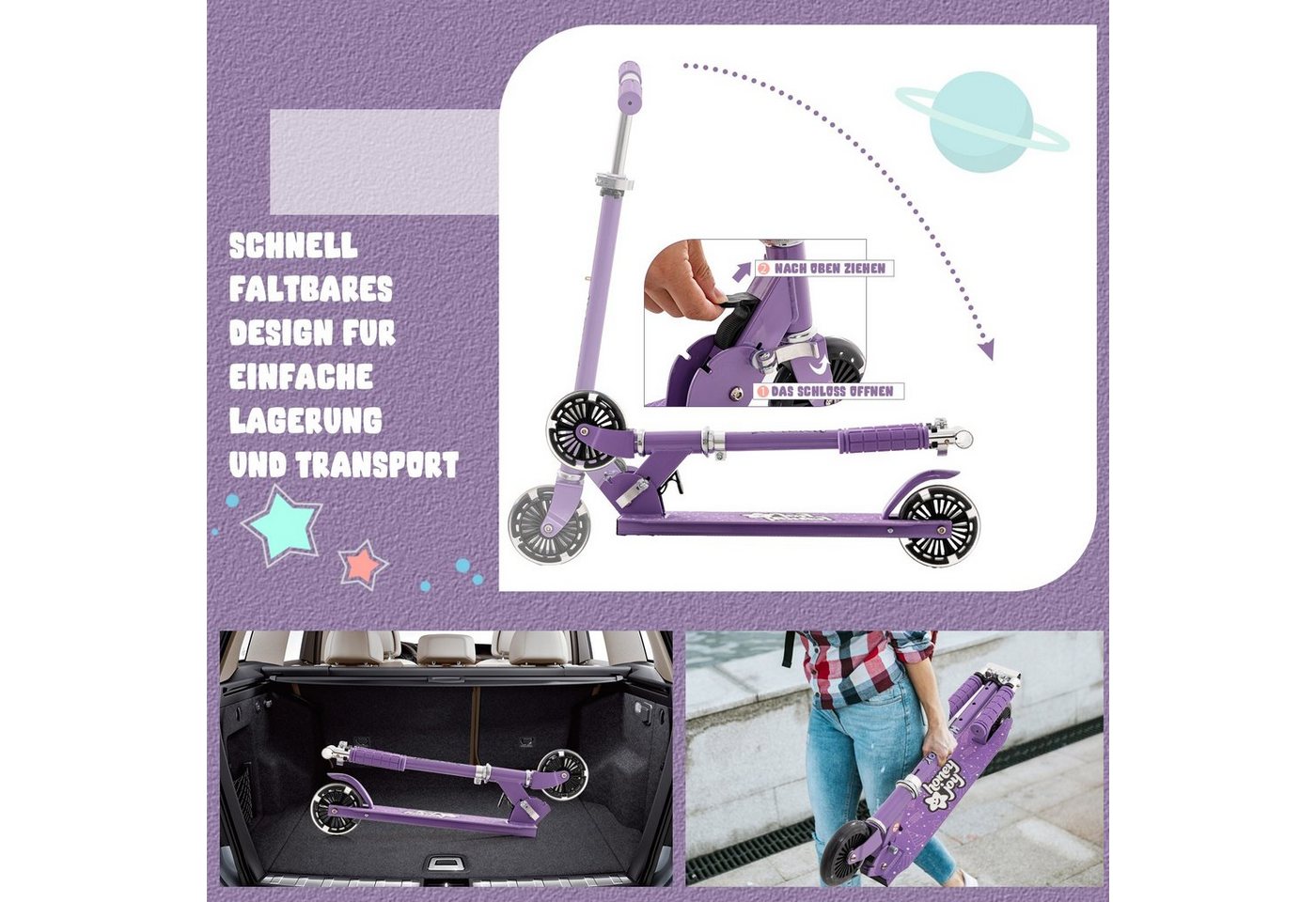 COSTWAY Cityroller Kinder Scooter, höhenverstellbar, klappbar, mit 2 LED Räder – Bild 3 von 5