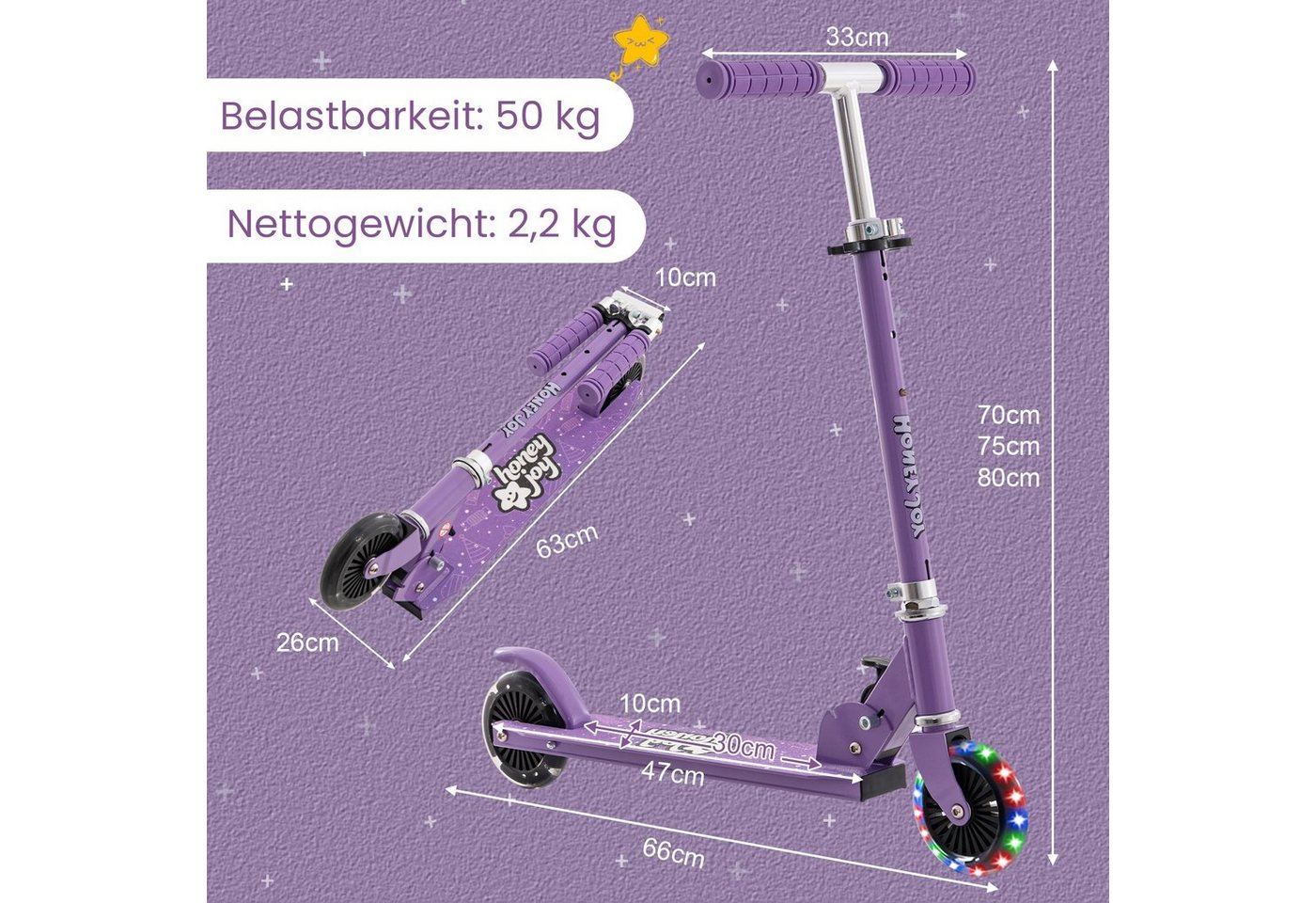 COSTWAY Cityroller Kinder Scooter, höhenverstellbar, klappbar, mit 2 LED Räder – Bild 4 von 5