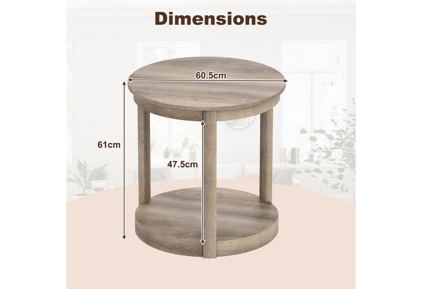COSTWAY Couchtisch, runder Wohnzimmertisch, 2 Ebenen, Holz, Grau – Bild 3 von 3