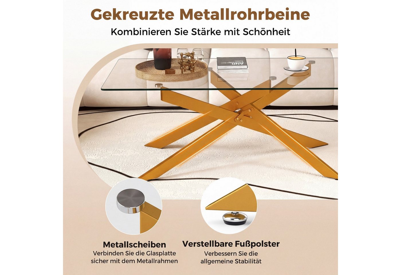 COSTWAY Couchtisch, rechteckiger Glastisch mit Metall-Rohrrahmen Wohnzimmertisch – Bild 3 von 5