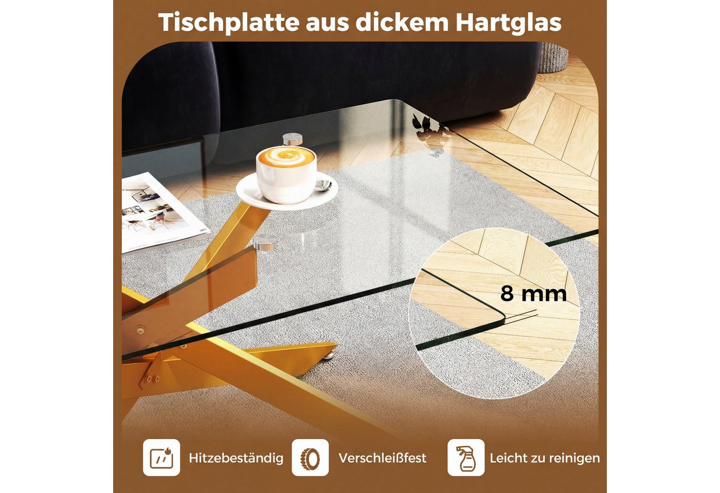COSTWAY Couchtisch, rechteckiger Glastisch mit Metall-Rohrrahmen Wohnzimmertisch – Bild 4 von 5