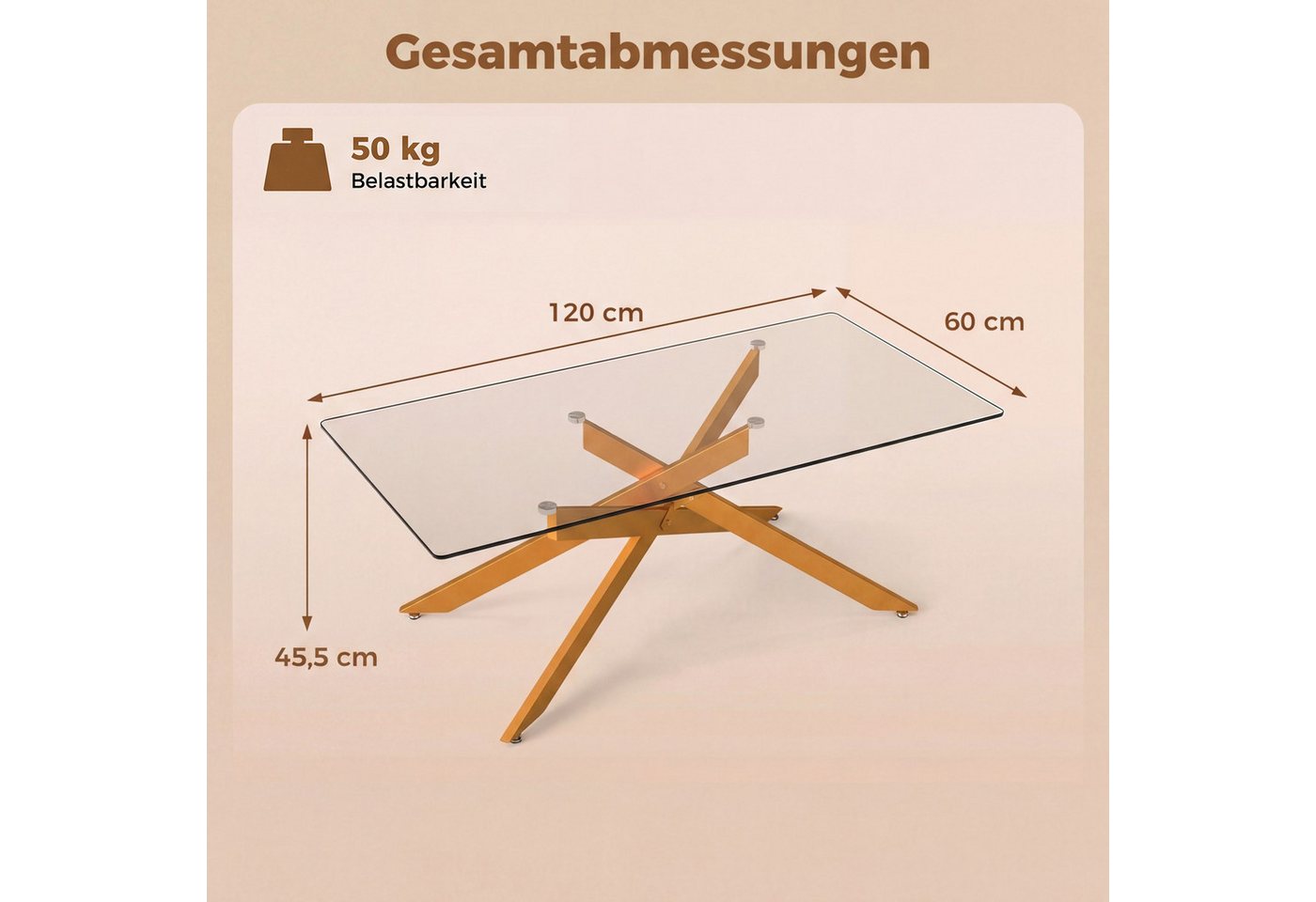 COSTWAY Couchtisch, rechteckiger Glastisch mit Metall-Rohrrahmen Wohnzimmertisch – Bild 5 von 5