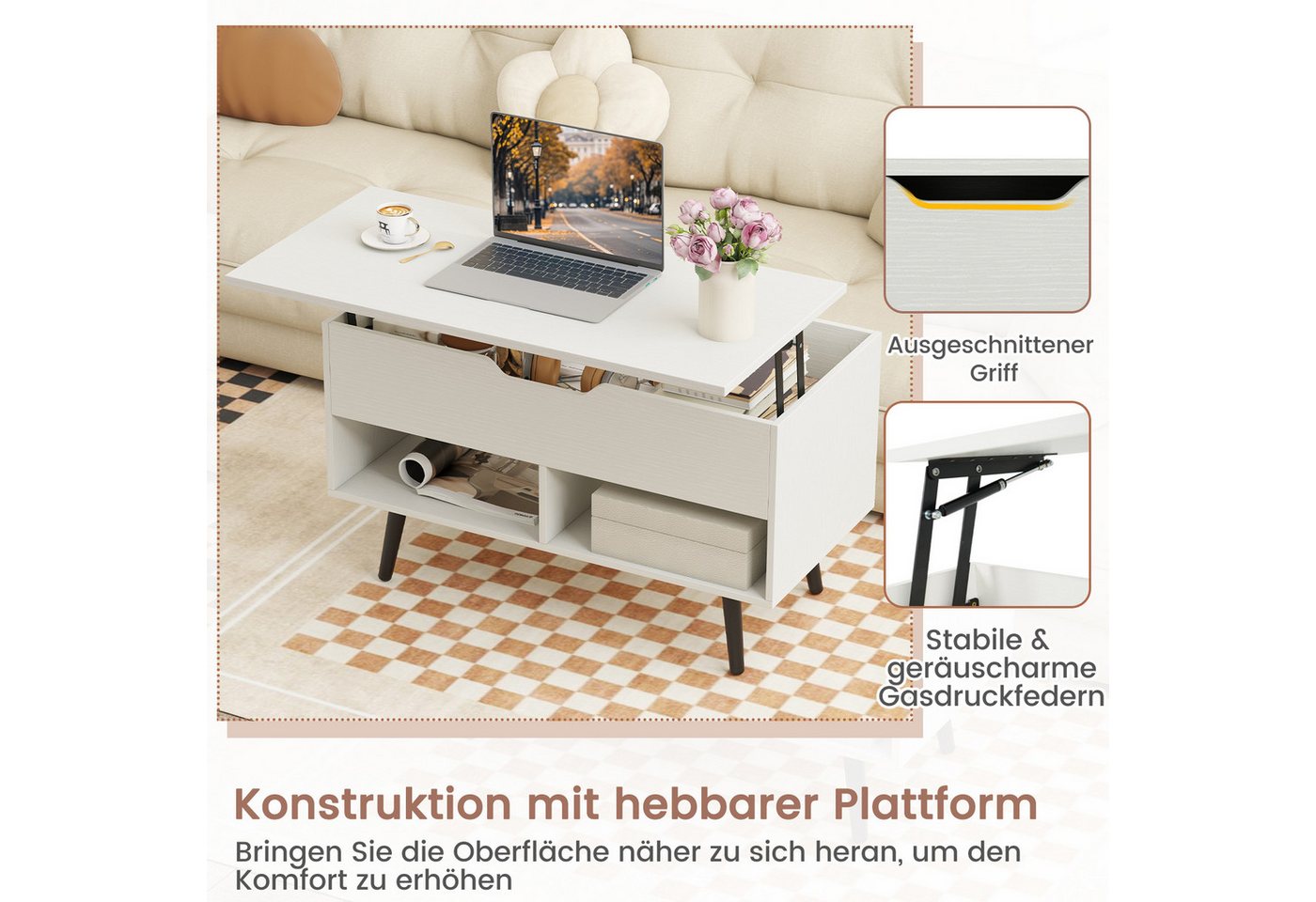 COSTWAY Couchtisch, höhenverstellbar mit Gasdruckmechanismus 80x40x46-60cm – Bild 4 von 5