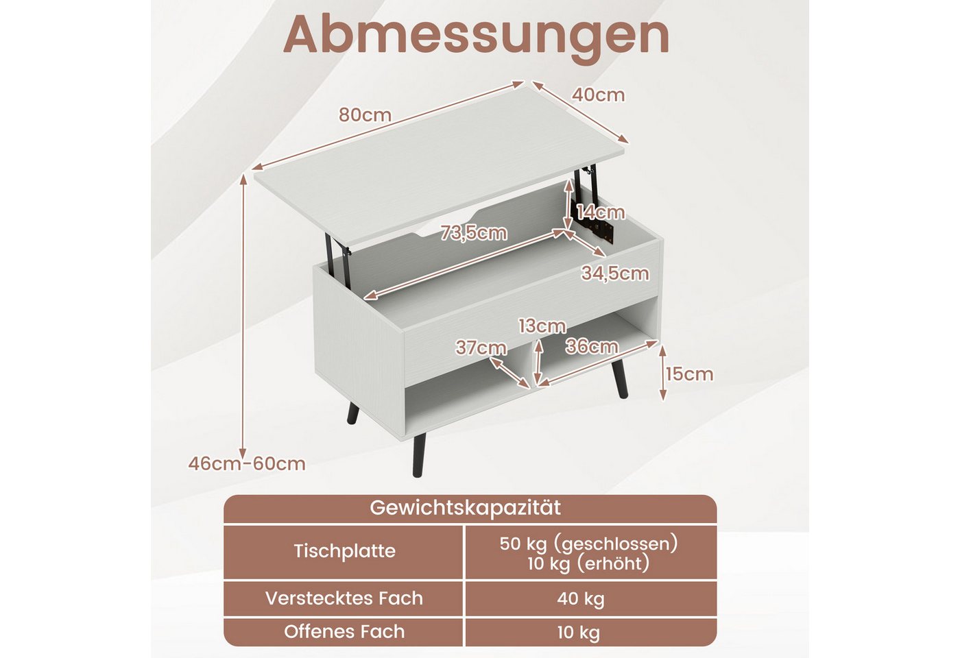 COSTWAY Couchtisch, höhenverstellbar mit Gasdruckmechanismus 80x40x46-60cm – Bild 5 von 5