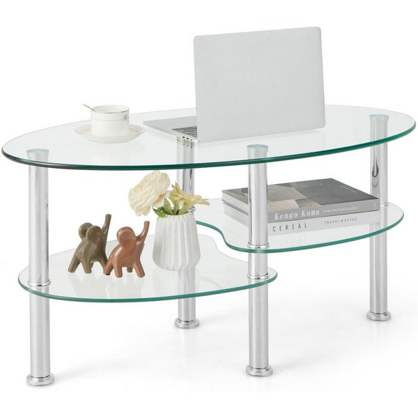COSTWAY Couchtisch, Glastisch oval Wohnzimmertisch mit Stauraum 89x50x45cm