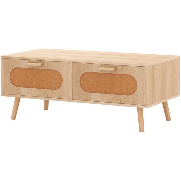 COSTWAY Couchtisch, Rattan, mit Schubladen, Fach, massiven Holzbeinen, 100cm