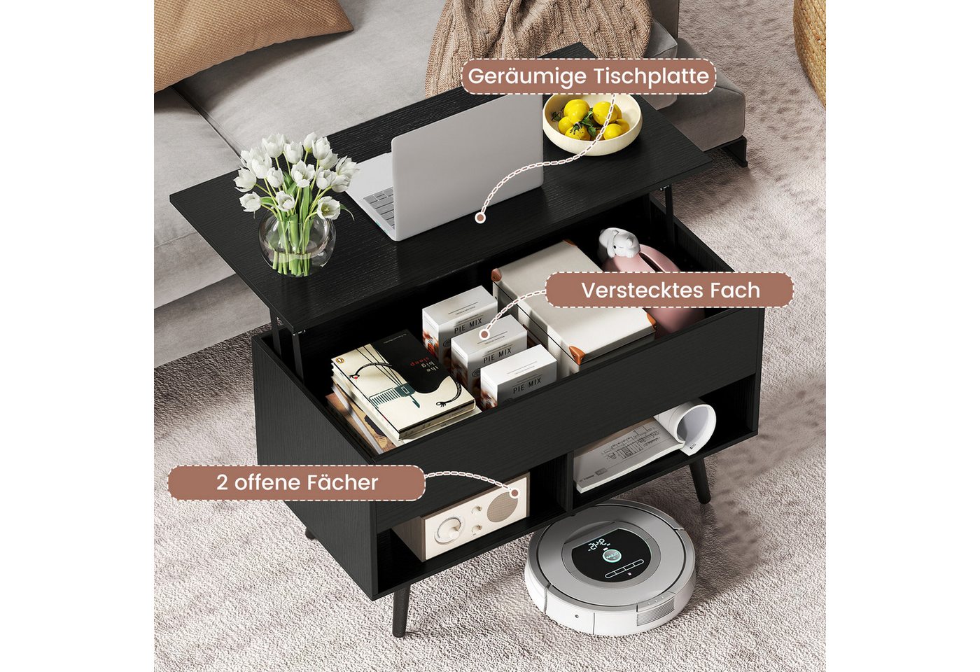 COSTWAY Couchtisch, höhenverstellbar mit Gasdruckmechanismus 80x40x46-60cm – Bild 2 von 5