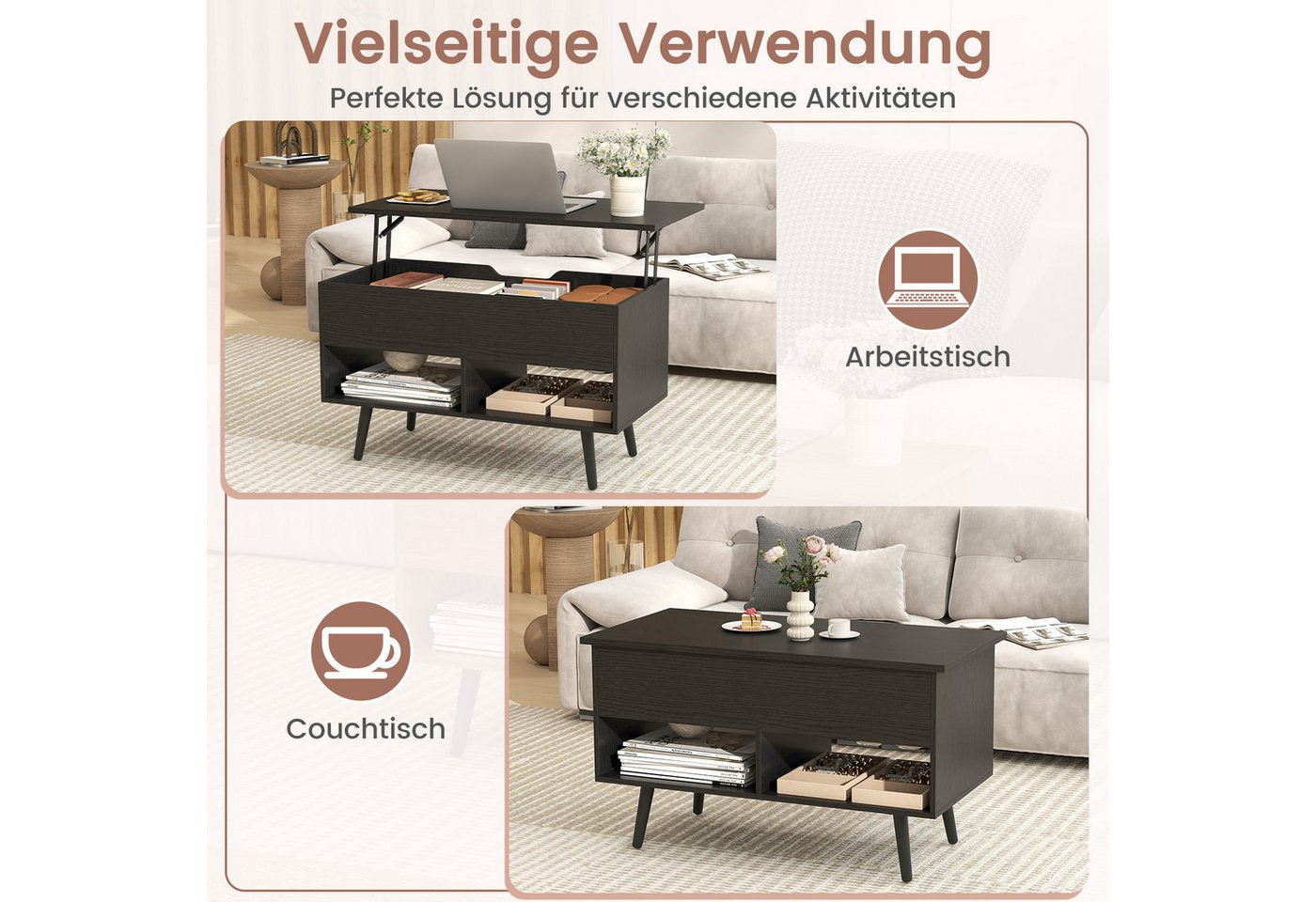 COSTWAY Couchtisch, höhenverstellbar mit Gasdruckmechanismus 80x40x46-60cm – Bild 3 von 5