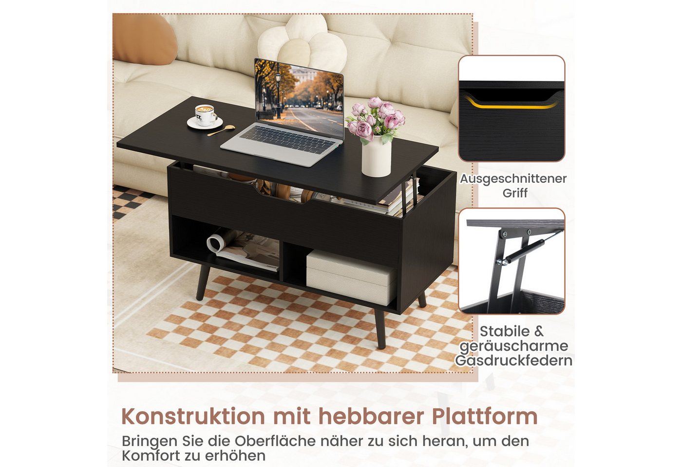 COSTWAY Couchtisch, höhenverstellbar mit Gasdruckmechanismus 80x40x46-60cm – Bild 4 von 5