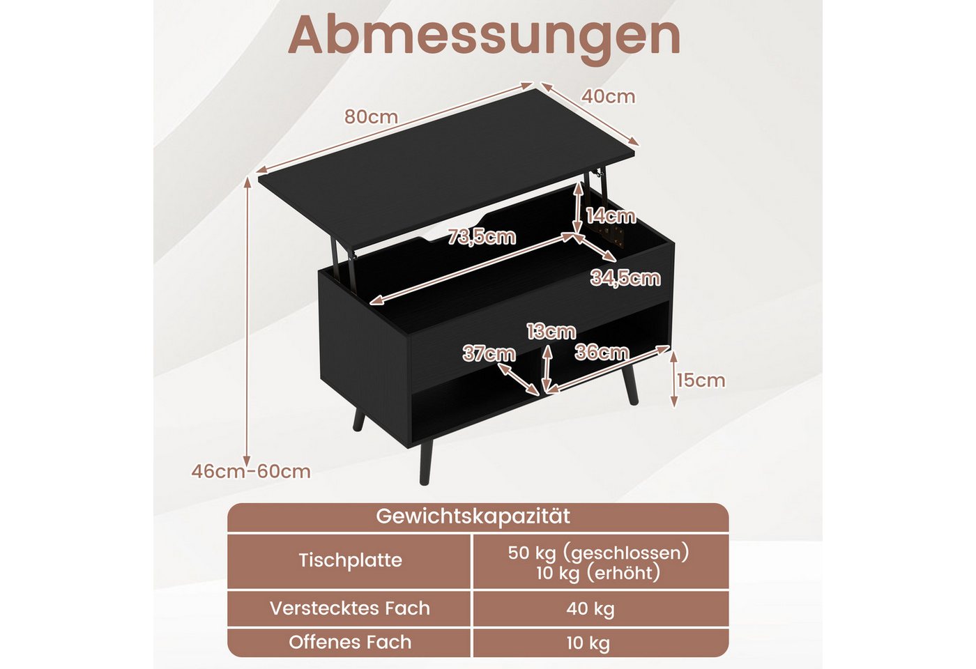 COSTWAY Couchtisch, höhenverstellbar mit Gasdruckmechanismus 80x40x46-60cm – Bild 5 von 5