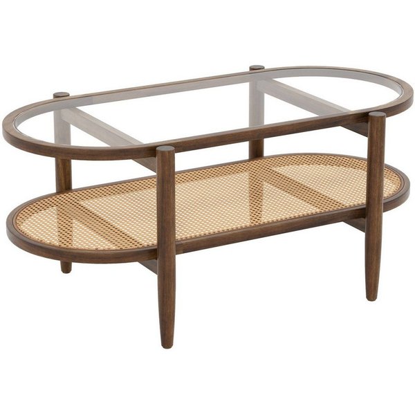 COSTWAY Couchtisch Glas, Rattan, Holz Sofatisch mit Stauraum, 102x56x47cm