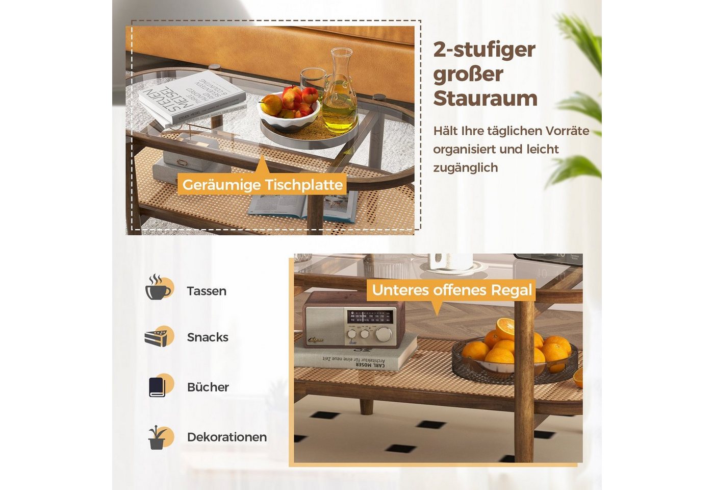 COSTWAY Couchtisch Glas, Rattan, Holz Sofatisch mit Stauraum, 102x56x47cm – Bild 2 von 5