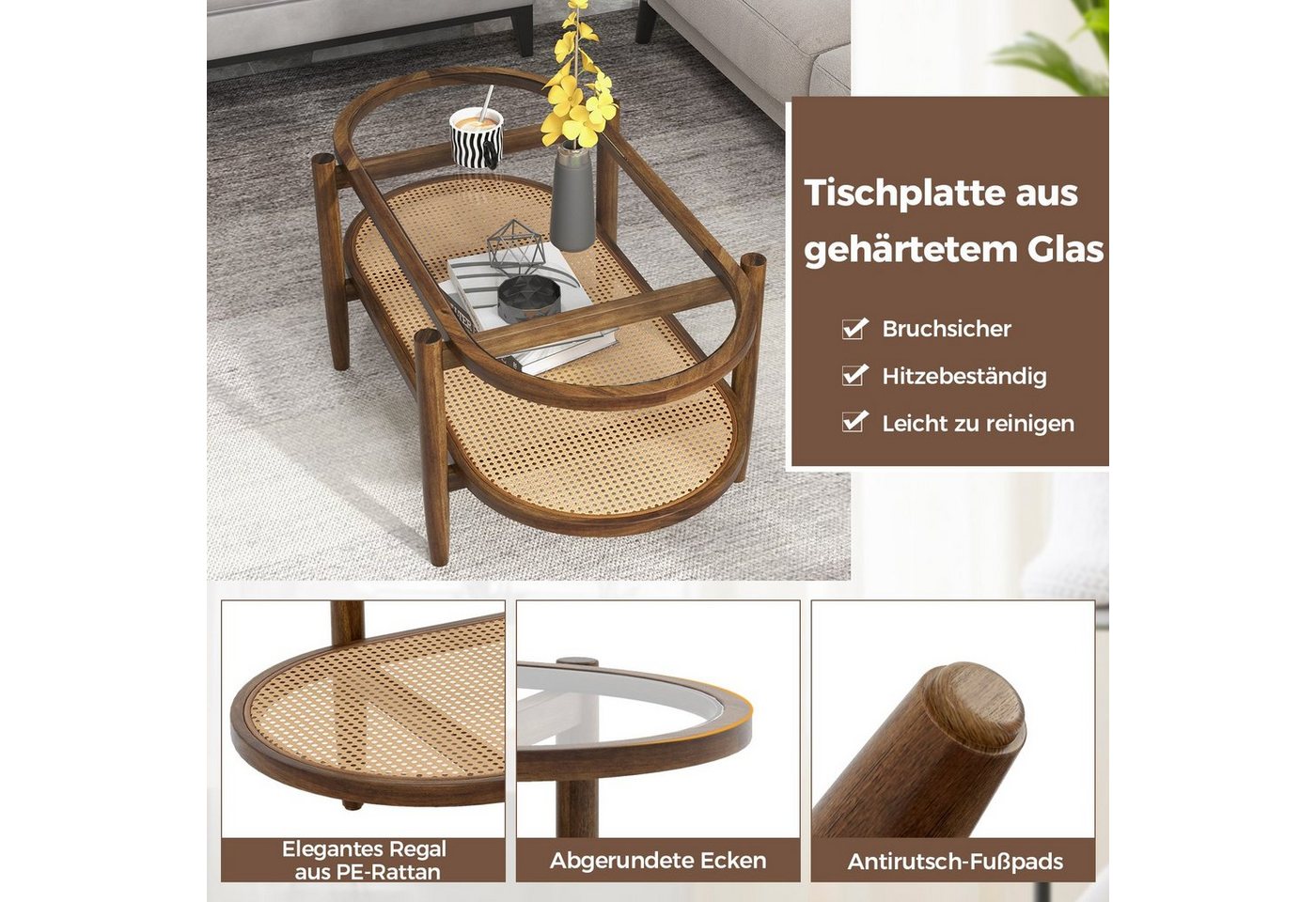 COSTWAY Couchtisch Glas, Rattan, Holz Sofatisch mit Stauraum, 102x56x47cm – Bild 3 von 5