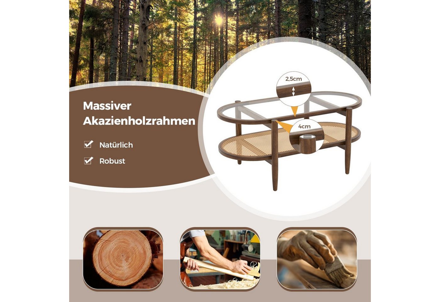 COSTWAY Couchtisch Glas, Rattan, Holz Sofatisch mit Stauraum, 102x56x47cm – Bild 4 von 5