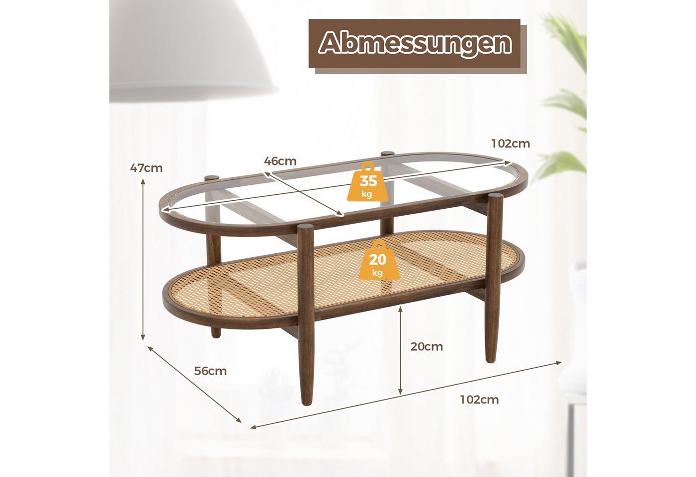 COSTWAY Couchtisch Glas, Rattan, Holz Sofatisch mit Stauraum, 102x56x47cm – Bild 5 von 5
