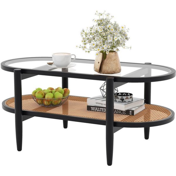 COSTWAY Couchtisch Glas, Rattan, Holz Sofatisch mit Stauraum, 102x56x47cm