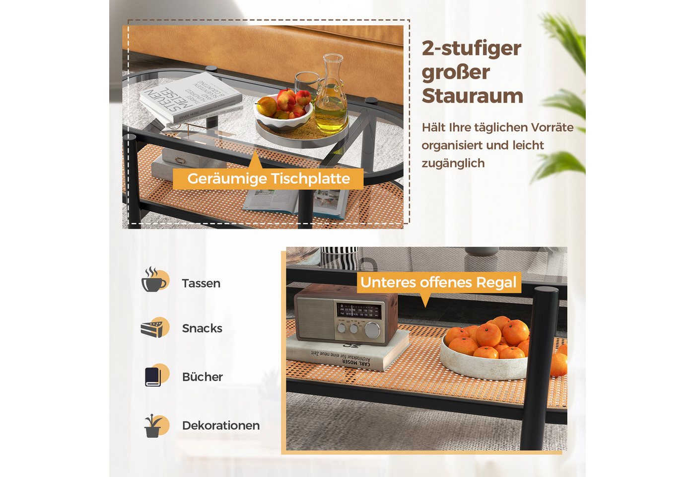 COSTWAY Couchtisch Glas, Rattan, Holz Sofatisch mit Stauraum, 102x56x47cm – Bild 3 von 5