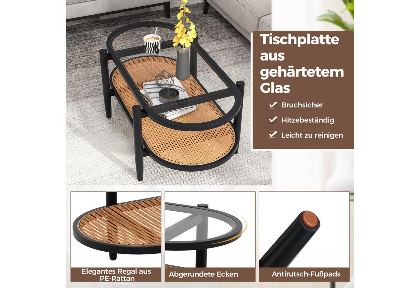 COSTWAY Couchtisch Glas, Rattan, Holz Sofatisch mit Stauraum, 102x56x47cm – Bild 4 von 5