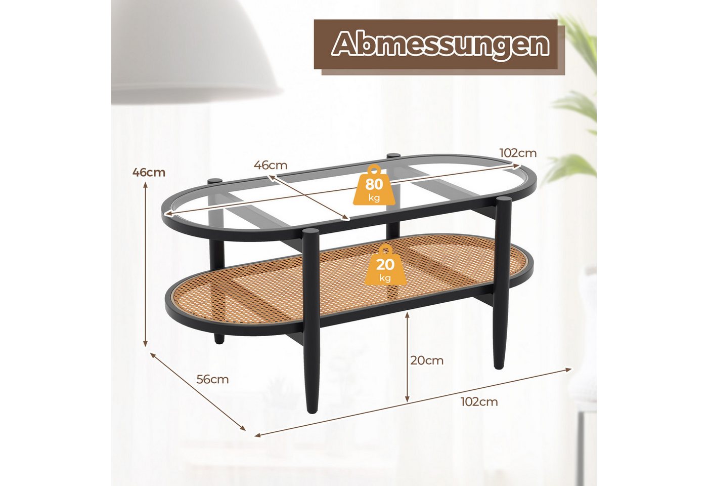 COSTWAY Couchtisch Glas, Rattan, Holz Sofatisch mit Stauraum, 102x56x47cm – Bild 5 von 5