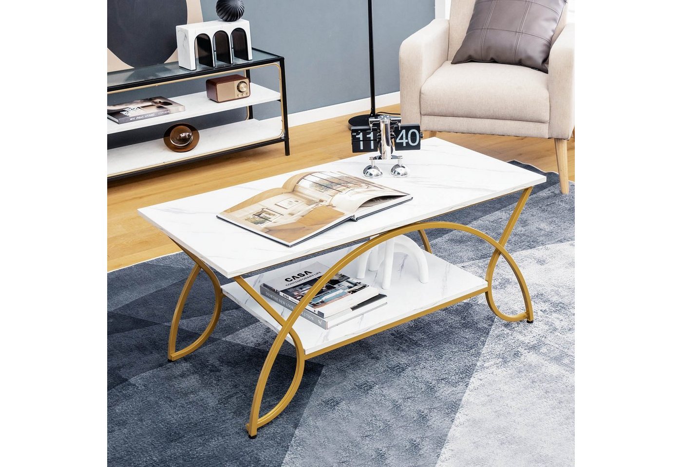 COSTWAY Couchtisch Marmor, mit Ablage & goldenem Metallbeinen, 100x50x45cm – Bild 2 von 5